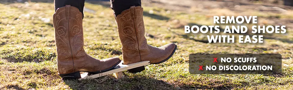 JobSite Boot Jack - Wood Boot Remover - Extra Wide Boot Puller for Taking off Boots 1 Pack - person using boot puller with cowboy boots