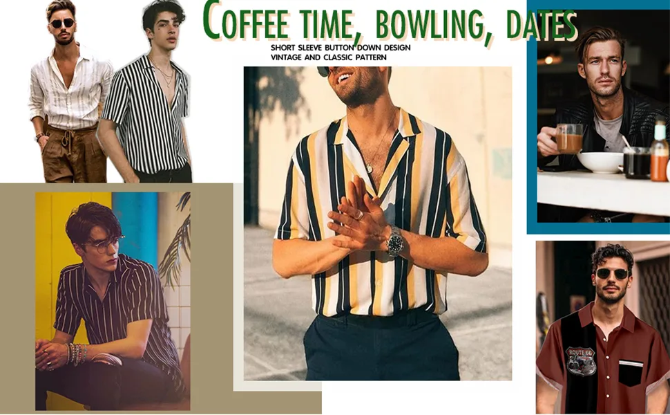 Men's Casual Short Sleeve Button Down Vintage 1950s Bowling Shirts Music Notes X-Large - Rock our Classic Two Tone Retro Bowling Shirt