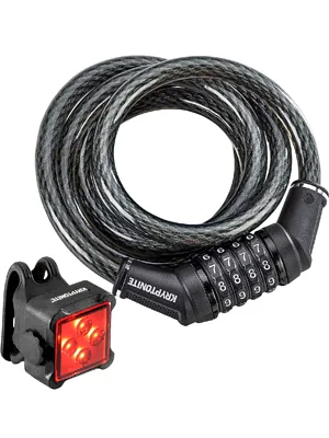 Kryptonite Combo Bike Cable Lock 6 ft Coiled Secure 12mm Braided Steel Cable 4-Digit Resettable Combination Cable Lock with Bright LED Rear Bicycle Light - Combo Cable