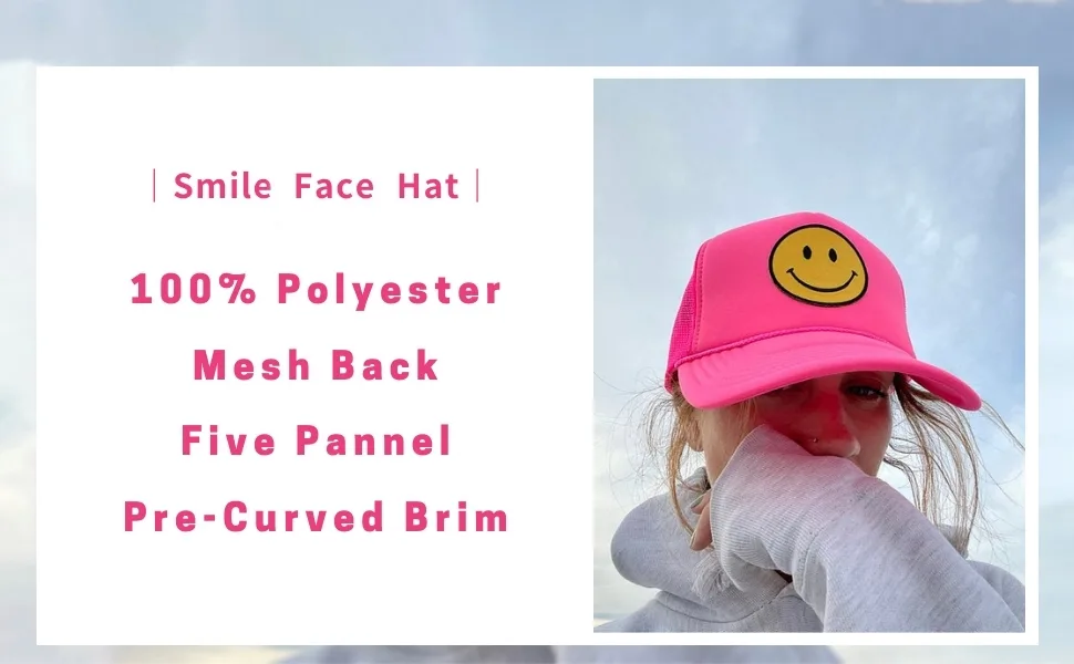 lycycse Smile Face Trucker Hat Retro Mesh Baseball Cap with Smile Patch Foam Neon High Crown Y2K Hats for Men Women Black 2 - smiling face hat