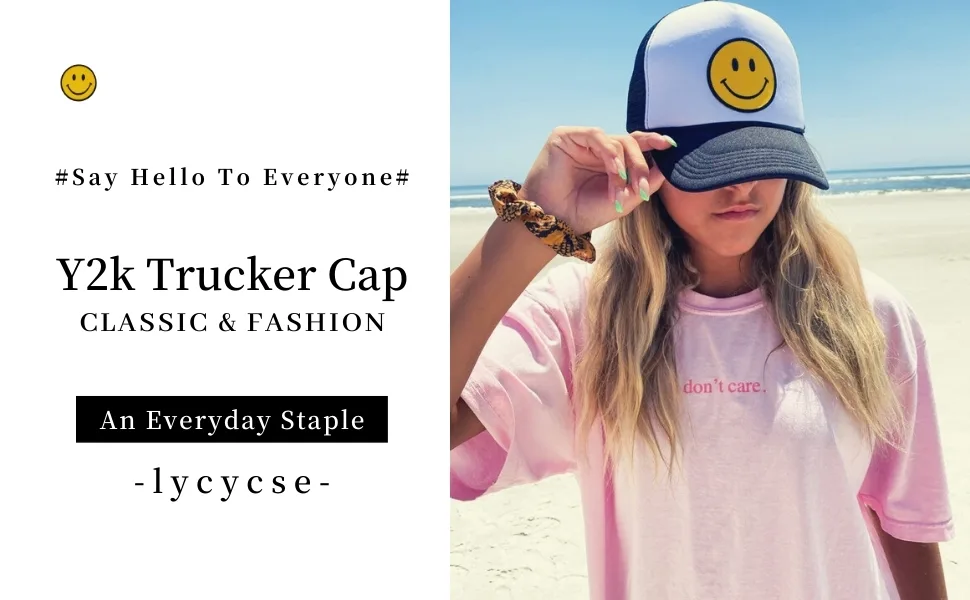lycycse Smile Face Trucker Hat Retro Mesh Baseball Cap with Smile Patch Foam Neon High Crown Y2K Hats for Men Women Black 2 - y2k hats