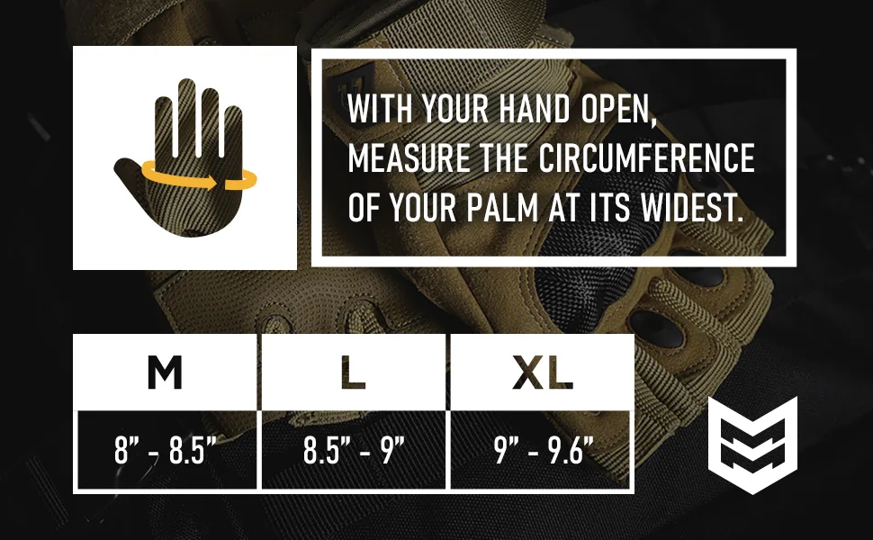 Mission Made Fingerless Hellfox Tactical Gloves for Men Pitch Black Medium - Mission Made Fingerless Hellfox Gloves Size Chart