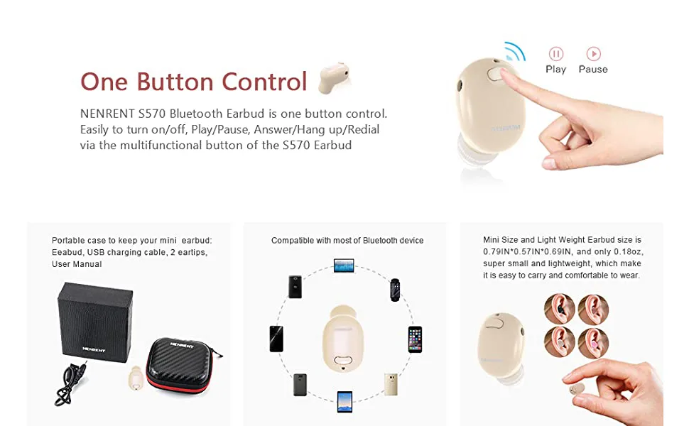 NENRENT S570 Single Bluetooth Earbud Smallest Mini Invisible Wireless Bluetooth Earpiece Headset Headphone Earphone with Mic Hands-Free Calls for iPhone Android Smart Phones PC TV iPad 1pcs (Nude) - Wireless Earbud s570