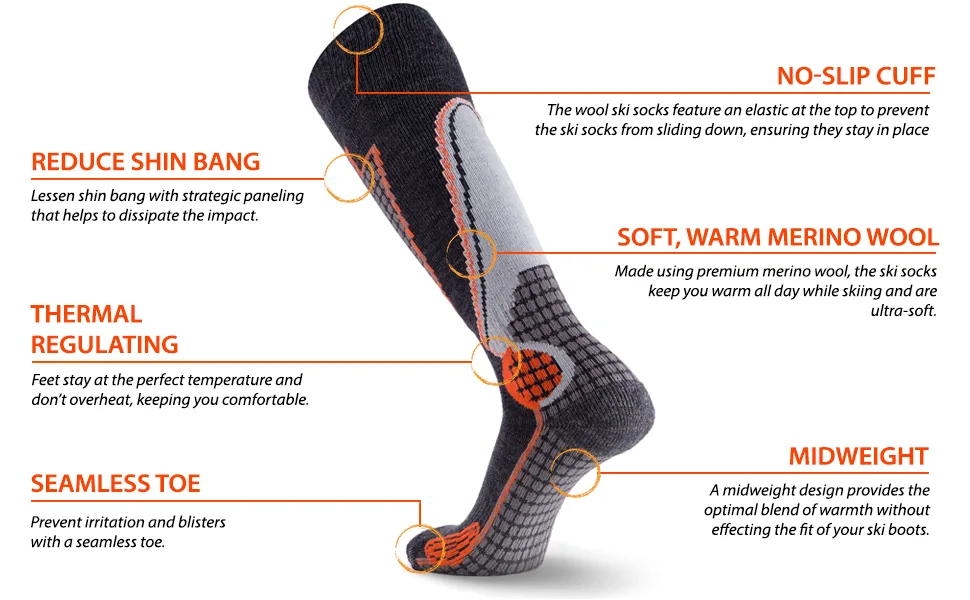 Pure Athlete High Performance Wool Ski Socks - Thermal Warm Merino Wool OTC Sock, Men Women 1 Pair - Black/Grey/Neon Pink Small - high-performance-wool-ski-socks-pure-athlete
