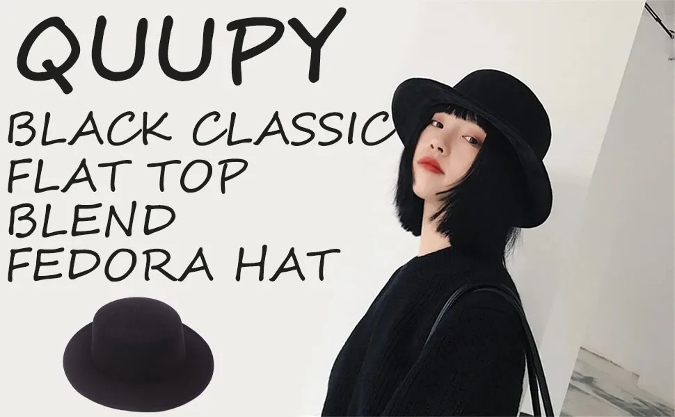 1PCS Black Classic Flat Top Blend Fedora Hat Brim Church Derby Cap for Unisex Men Women - Top Blend Fedora Hat