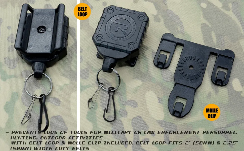 ROCOTACTICAL Military Tactical Gear Retractor, Molle Tactical Gear Tether, Retractable Key/Multi-Tools Holder Belt Loop and Molle Clip Included, 1Piece (Black) - Tactical retractor