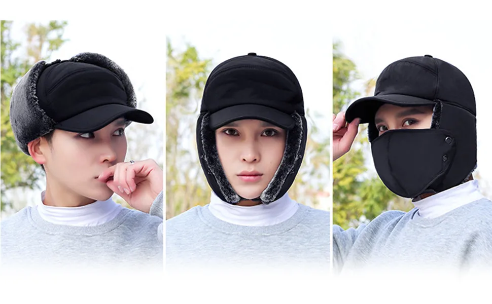 Trapper Bomber Hat for Men Winter Warm Russian Aviator Hats Baseball Cap with Ear Flaps Cold Weather Fur Lined Facemask Cap Black - product information 3