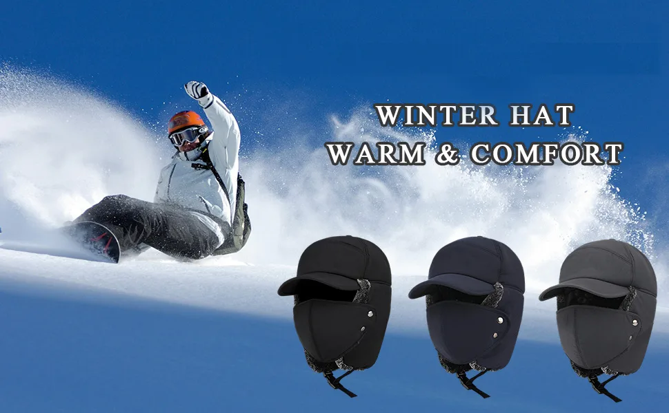 Trapper Bomber Hat for Men Winter Warm Russian Aviator Hats Baseball Cap with Ear Flaps Cold Weather Fur Lined Facemask Cap Black - product information 4