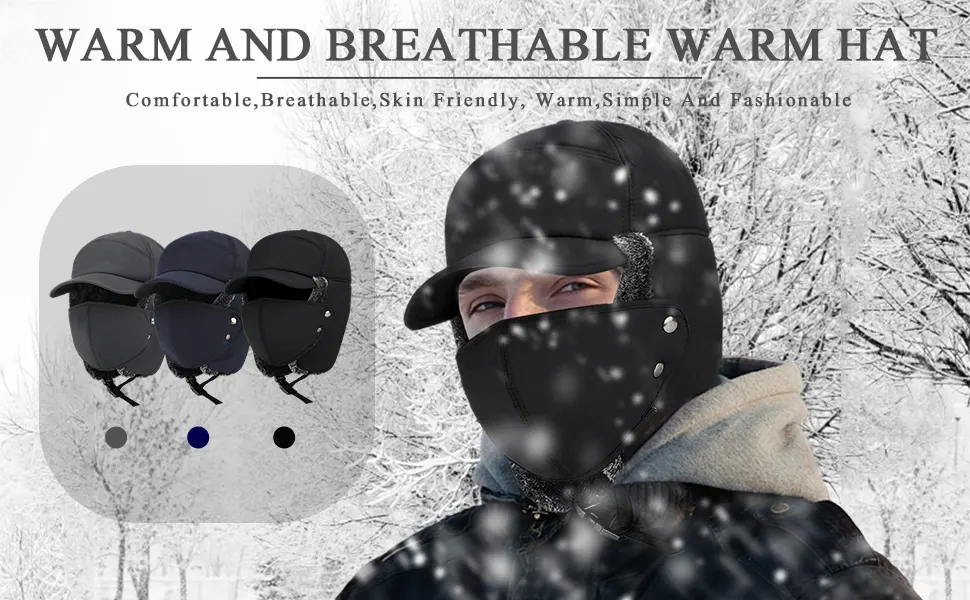 Trapper Bomber Hat for Men Winter Warm Russian Aviator Hats Baseball Cap with Ear Flaps Cold Weather Fur Lined Facemask Cap Black - winter hat