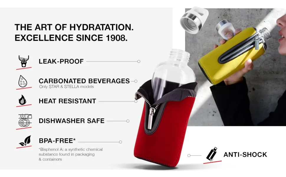 SIGG - Glass Water Bottle - Stella Red - With Neoprene Pouch - Leakproof - Dishwasher Safe - BPA Free - Recycled Glass - 17 Oz - sigg