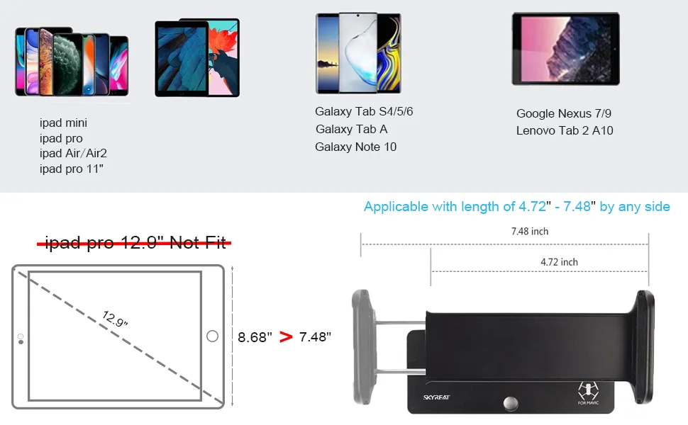 Skyreat Mavic Mini Air Pro Foldable Aluminum Metal 4-11" Ipad Tablet Mount Holder for DJI Mavic 2 Pro,Zoom/Mavic Pro/Mavic Air,Spark Accessories Remote Controller - 970*600