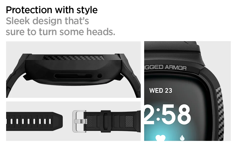 Spigen Rugged Armor Pro Designed for Fitbit Versa 3 Case with Band / Designed for Fitbit Sense Case with Band - Black - product information 2