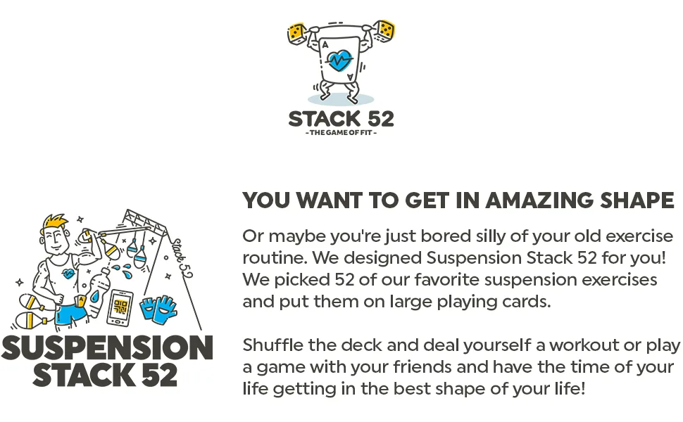 Stack 52 Suspension Exercise Cards. Compatible with All Suspension Trainers. Suspended Bodyweight Resistance Workout Game. Video Instructions Included. Fun Home Fitness Program. 2019 Updated Deck - shape exercise routine TRX suspended bodyweight exercises deck play game friends life