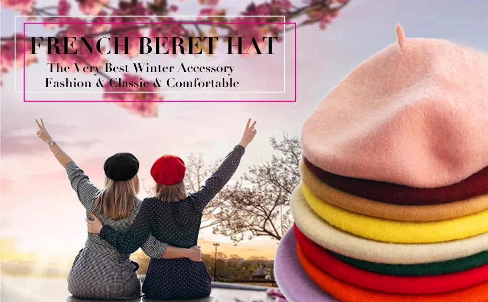 Wheebo Wool Beret Hat,Solid Color French Style Winter Warm Cap for Women Girls Lady Black - 142342