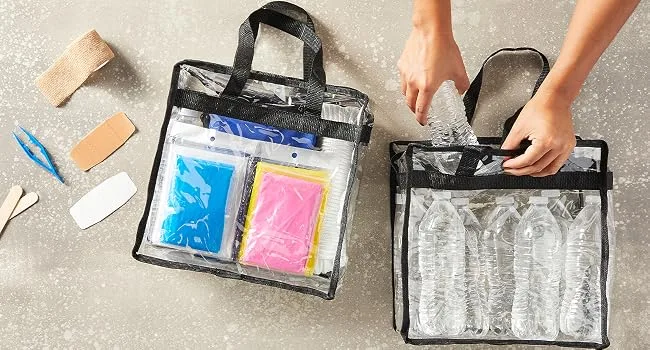 Stadium Approved Clear Tote Handbag with Handles, Large Plastic Bag with Zipper for Concerts (11x4x7 In) - For emergency use