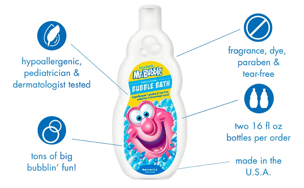 Mr. Bubble Extra Gentle Bubble Bath - Hypoallergenic, Tear Free Bubble Bath Solution Perfect for Sensitive Skin (Pack of 2 Bottles, 16 fl oz Each) 16 Fl Oz (Pack of 2) Extra Gentle - Mr Bubble Extra Gentle Bubble Bath