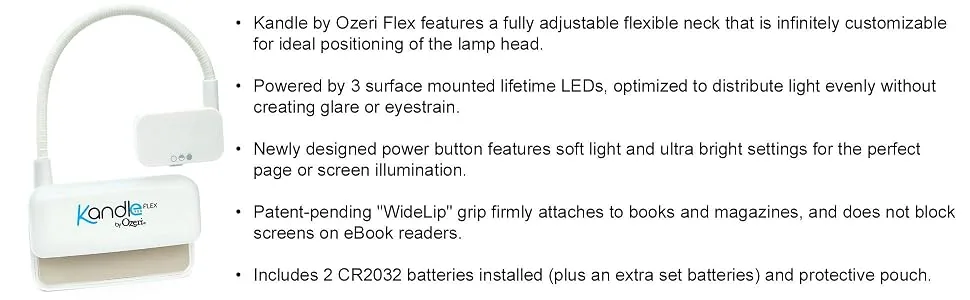 Ozeri Kandle Flex Book Light -- LED Reading Light Designed for Books and eReaders. Black - clip-On Light; book light; kindle light; reading light; e-book light; night light; flex neck