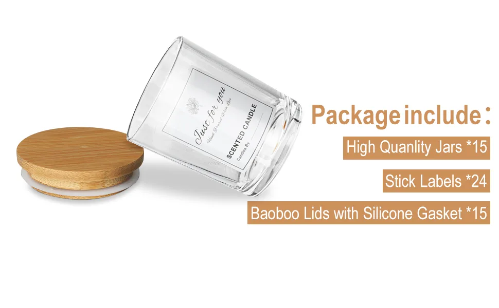 CONNOO 15 Pack 7 OZ Clear Candle Jars with Bamboo Lids for Making Candles, Thick Glass Candle Jars Empty Jars in Bulk with lids - Dishwasher Safe - Candle Jars