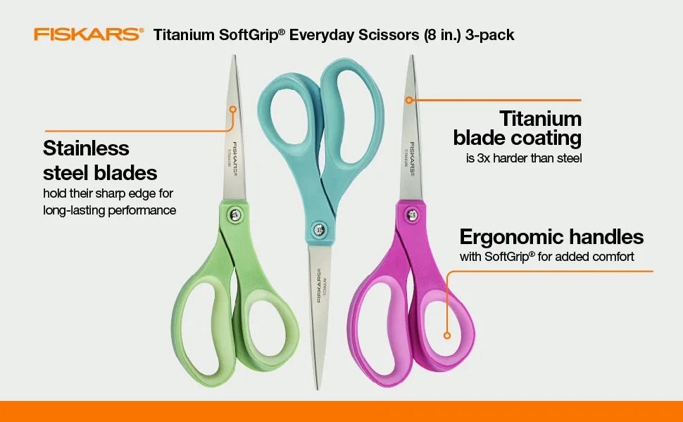 Fiskars Crafts Purpose Titanium Softgrip Fiskars Scissors, 3 Pack, Blue/Pink/Green - Fiskars Scissors