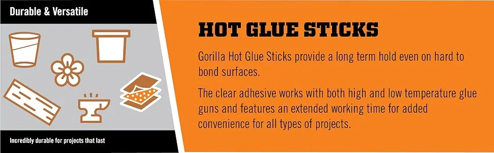 Gorilla Hot Glue Sticks, Full Size, 4" Long x .43" Diameter, 30 Count, Clear, (Pack of 2) - Gorilla hot melt glue gun sticks mini full