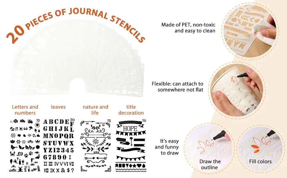 Scrapbooking Supplies Kit Scrapbook Tools and Supplies Journal Stencil Washi Tape and Journal Planner Pen for Journal Notebook Diary DIY Plastic Drawing Template(Style B) - product information 4