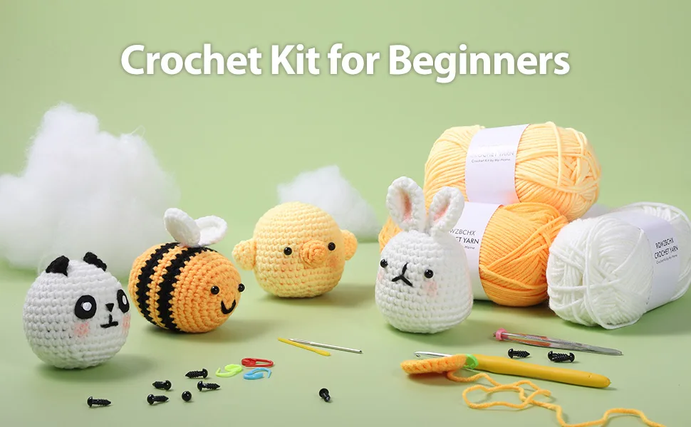 RQWZBCHX Crochet Kit for Beginner/Experts, Crochet Starters Kit for Adult Kids, 4PCS Crochet Animal Set - Chicken, Bee, Rabbit, Panda Include Writtern Videos Tutorials - panda crochet kit-