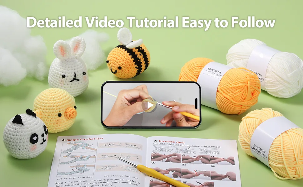 RQWZBCHX Crochet Kit for Beginner/Experts, Crochet Starters Kit for Adult Kids, 4PCS Crochet Animal Set - Chicken, Bee, Rabbit, Panda Include Writtern Videos Tutorials - panda crochet set
