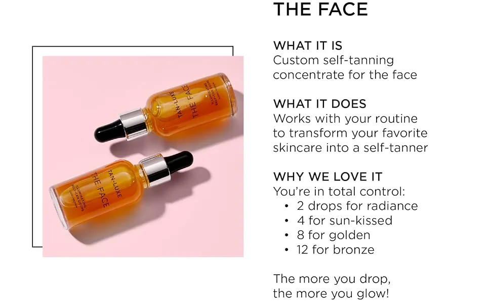 TAN-LUXE The Face - Illuminating Self-Tan Drops to Create Your Own Self Tanner 0.33 Fl Oz (Pack of 1) Medium/Dark - the face, effortless, tanning, skincare, skin care, glow, fast, makeup, minimize, imperfections,