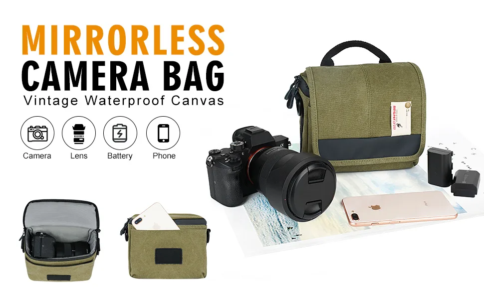 Besnfoto Camera Bag Small Mirrorless Camera Shoulder Bag Purse Waterproof Canvas Cute Compact Camera Messenger Bag Case for Women and Men Army Green - Mirrorless Camera Bag