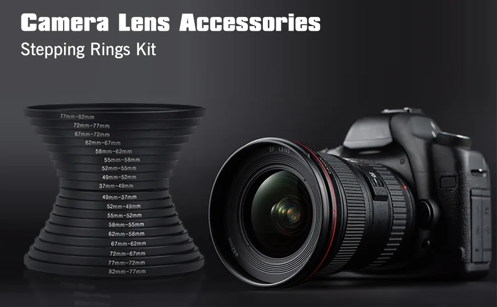 Stepping Adapter Ring, Hisewen 18 Pieces Camera Lens Filter Adapter Ring Kit (9 Pcs Step Up Ring Set and 9 Pcs Step Down Ring Set) - step up rings