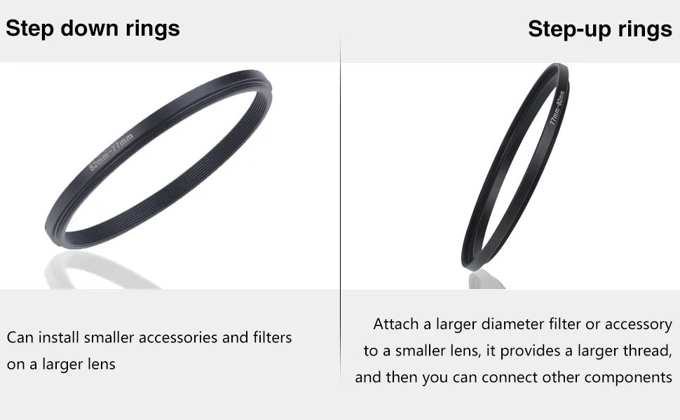 Stepping Adapter Ring, Hisewen 18 Pieces Camera Lens Filter Adapter Ring Kit (9 Pcs Step Up Ring Set and 9 Pcs Step Down Ring Set) - step up rings