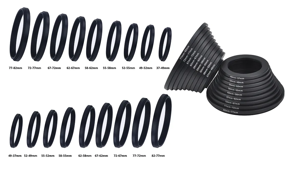 Stepping Adapter Ring, Hisewen 18 Pieces Camera Lens Filter Adapter Ring Kit (9 Pcs Step Up Ring Set and 9 Pcs Step Down Ring Set) - Stepping Adapter Ring Kit