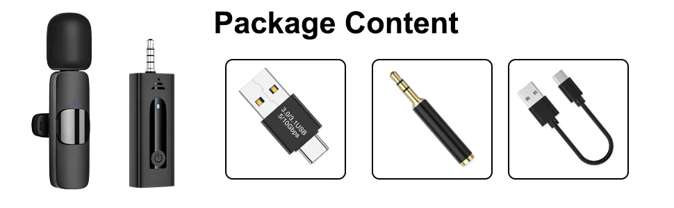 HMKCH Wireless Lavalier Microphone for DSLR Camera/Gopro/Computer/Laptop/MacBook/iPhone/iPad/Tablet, Professional Cordless Clip On Lapel Mic for Video Recording, YouTube, Vlog, Interview, Podcast - Package Content