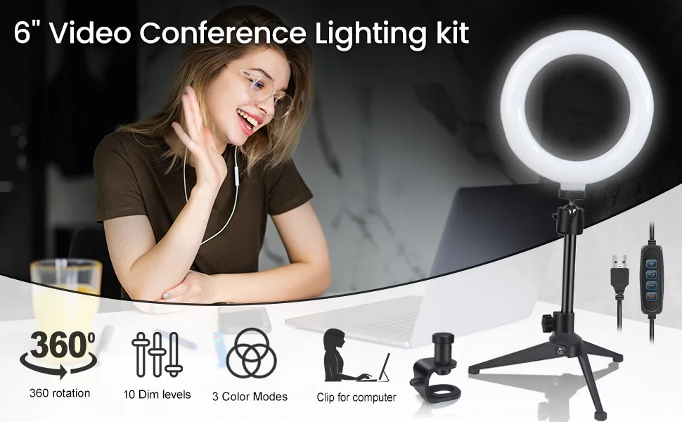 Desk Ring Light for Zoom Meetings - Video Conference Lighting Kit for Laptop Computer, 6 Clip on Table LED Light Lamp with Tripod Stand for Video Recording, Remote Working, Gaming, Vlogging - ring light for video conference