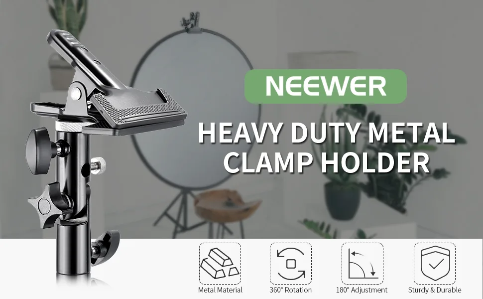 NEEWER Photo Studio Heavy Duty Metal Clamp Holder with 5/8" Light Stand Attachment for Reflector - product information 1
