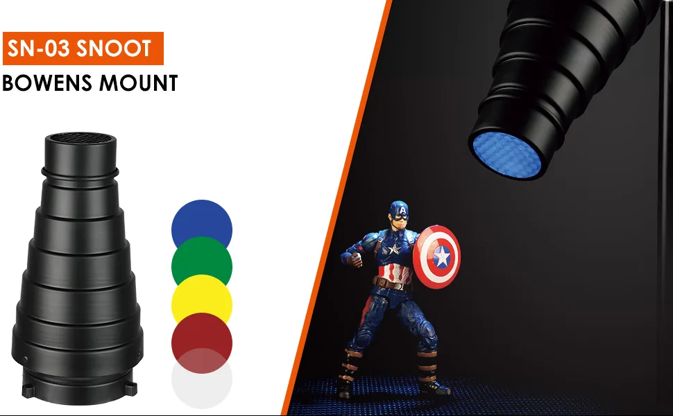 SUPON Aluminium Alloy Conical Studio Snoot Kit with Honeycomb Grid and 5pcs Color Filters for Bowens Mount Strobe Moonlights Flash Speedlight Photography Light - product information 12