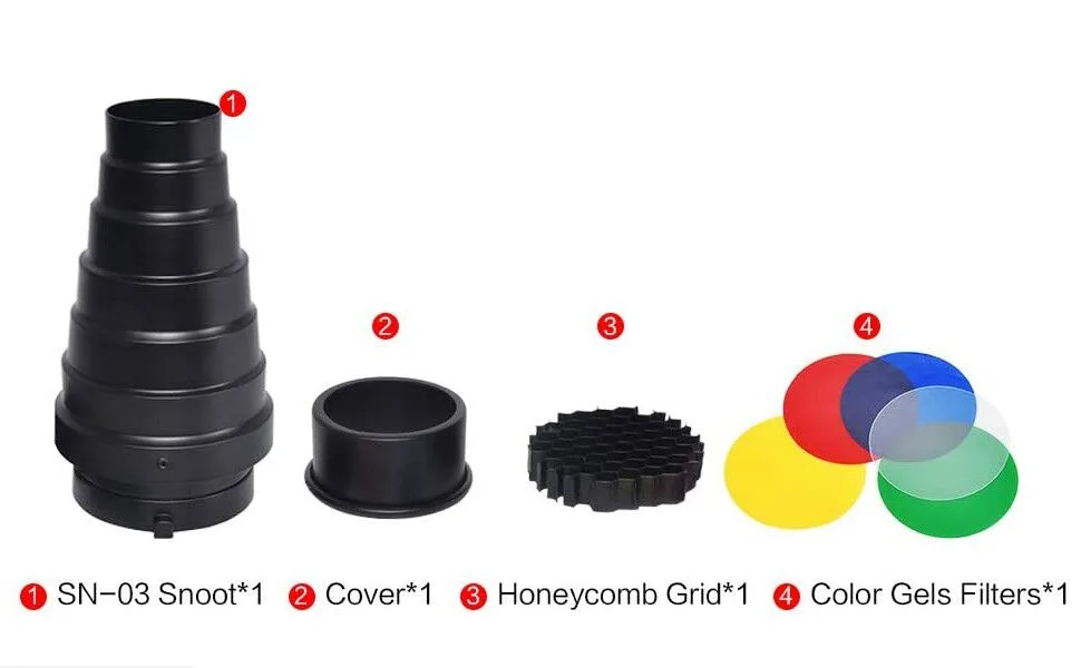 SUPON Aluminium Alloy Conical Studio Snoot Kit with Honeycomb Grid and 5pcs Color Filters for Bowens Mount Strobe Moonlights Flash Speedlight Photography Light - product information 14