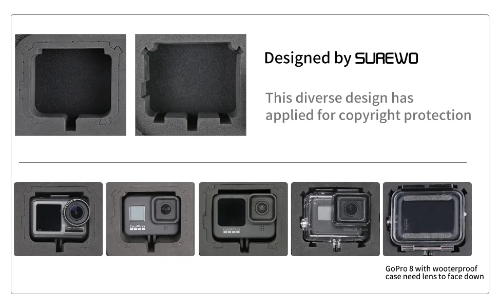 SUREWO Surface-Waterproof Carrying Case Compatible with GoPro Hero 11/10/9/8/7/(2018)/6/5 Black,DJI Osmo Action ,AKASO/Campark/YI Action Camera and More (Medium) - gopro medium carrying case