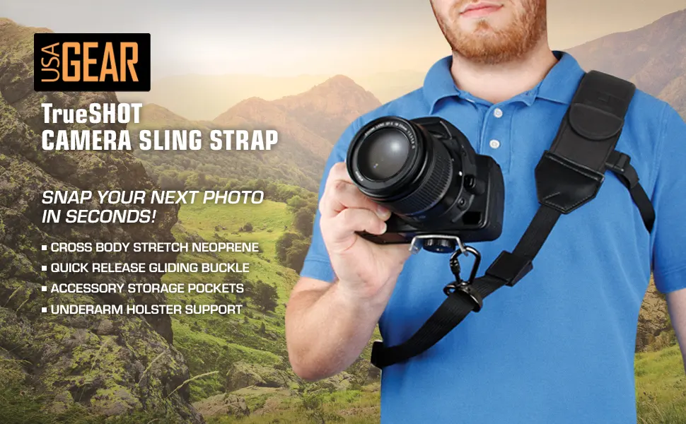 USA GEAR Camera Sling Shoulder Strap with Adjustable Neoprene, Safety Tether, Accessory Pocket, Quick Release Buckle - Compatible with Canon, Nikon, Sony and More DSLR and Mirrorless Cameras (Black) - CAMERA SLING STRAP