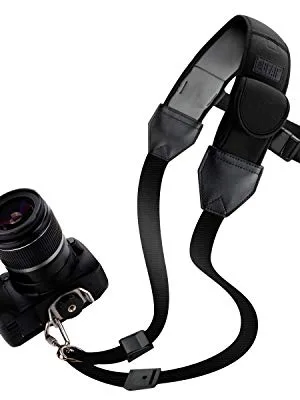 USA GEAR Camera Sling Shoulder Strap with Adjustable Neoprene, Safety Tether, Accessory Pocket, Quick Release Buckle - Compatible with Canon, Nikon, Sony and More DSLR and Mirrorless Cameras (Black) - camera sling strap