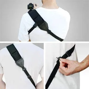 USA GEAR Camera Sling Shoulder Strap with Adjustable Neoprene, Safety Tether, Accessory Pocket, Quick Release Buckle - Compatible with Canon, Nikon, Sony and More DSLR and Mirrorless Cameras (Black) - camera sling strap