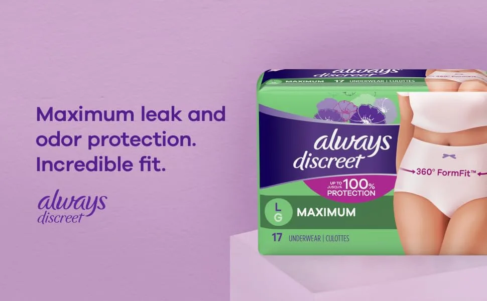 Always Discreet, Incontinence & Postpartum Underwear For Women, Classic Cut, Size Large, Maximum Absorbency, Disposable, 17 Count - Maximum leak and odor protection. Incredible fit.