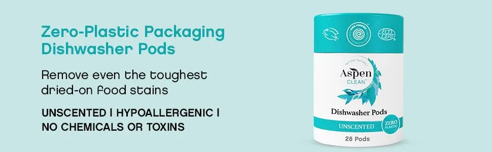 Unscented Dishwasher Pods by AspenClean, New and Improved Packaging, Zero Plastic, Vegan, Eco-Friendly, Natural Dishwasher Detergent, EWG Verified - 28 Count - Zero-plastic Packaging Dishwasher Pods - Unscented, Hypoallergenic, No Chemicals or Toxins
