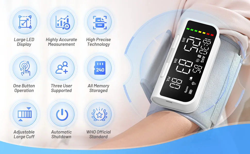 Blood Pressure Monitor Automatic Upper Arm Machine & Accurate Adjustable Digital BP Cuff Kit Large Backlit Display 240 Sets Memory Includes Charging Cord - Multi-functions
