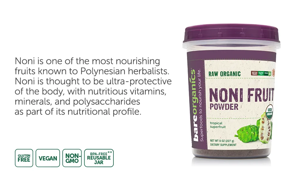 BAREORGANICS Noni Fruit Powder, 8 Ounce - BareOrganics Noni Fruit Powder