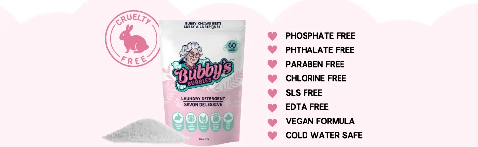 Bubby's Bubbles Powder Laundry Detergent, HE Compatible Essential All Natural and Biodegradable Deep Cleaning Household Soap, 60 Loads (1.7 Pound) Unscented Unscented  60 Load - FREE OF phosphates, phthalates, paraben, chlorine, SLS/EDTA. Vegan and cold water safe