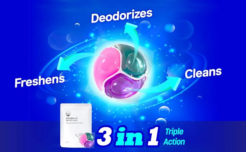 Washing Machine Cleaner Triple Pods, Cleaning Liquid Pacs by Betterthanbefore, Odor Removal, Deep Cleaning Formula, Compatible with Front Loader & Top Load Washer, 1 Year Supply (6 Pods, Pack of 2) - product information 3