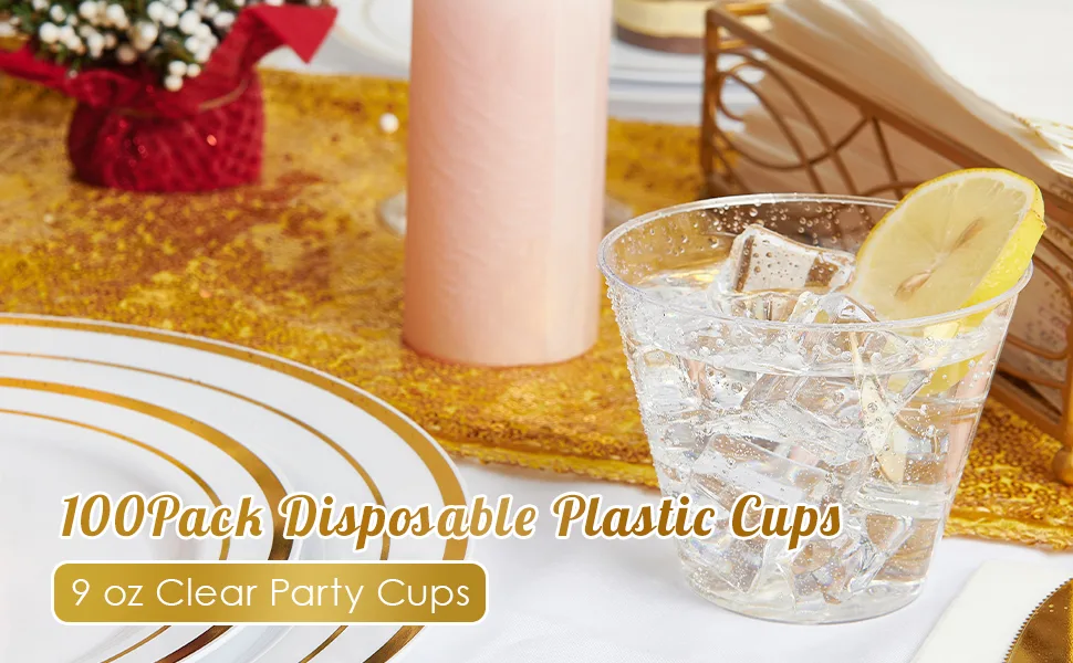 FOCUSLINE 9 oz Clear Plastic Cups, 100 Pack Disposable Cups Reusable Plastic Cups Tumblers, Heavy Duty Hard Plastic Cups for Wedding, Thanksgiving, Halloween, Christmas Party - disposable plastic cups