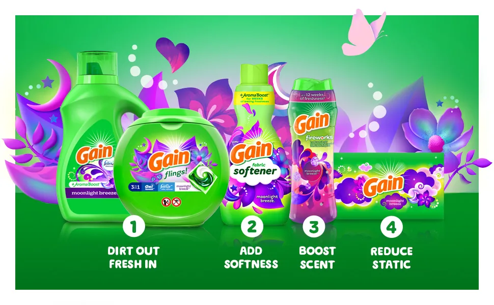 Gain Laundry Fabric Softener Liquid, Moonlight Breeze, Packaging May Vary, Total 192 Loads, 41 Fl Oz, Pack of 4 - Dirt out, fresh in, add softness, boost scent, reduce static