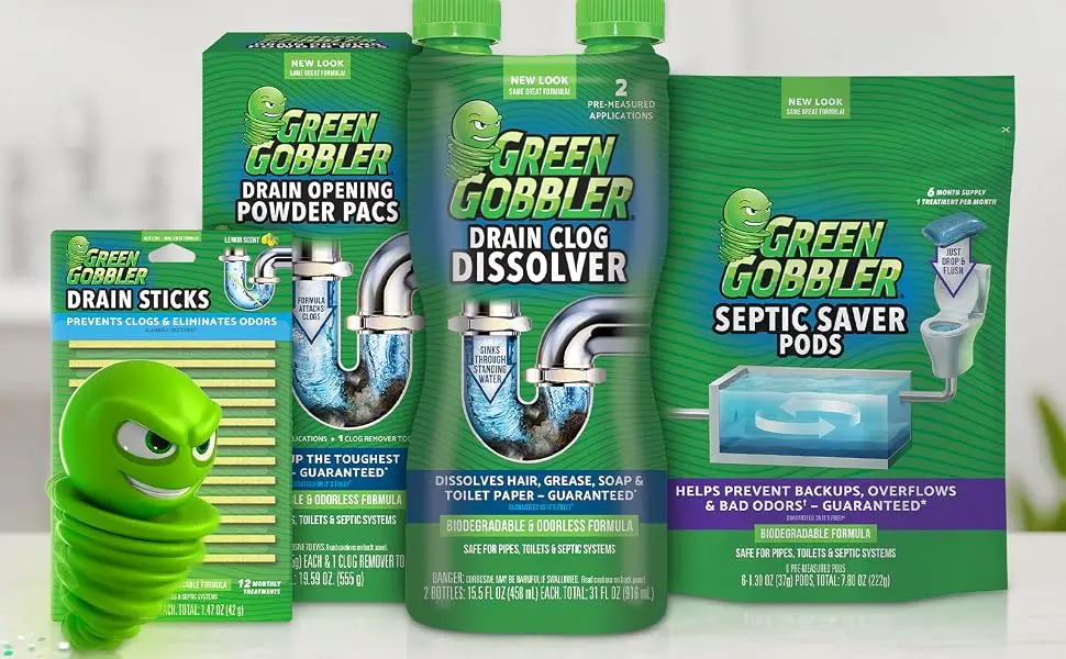 Green Gobbler Garbage Disposal & Kitchen Sink Drain Cleaner | 2 Pack - 16 Uses - septic family